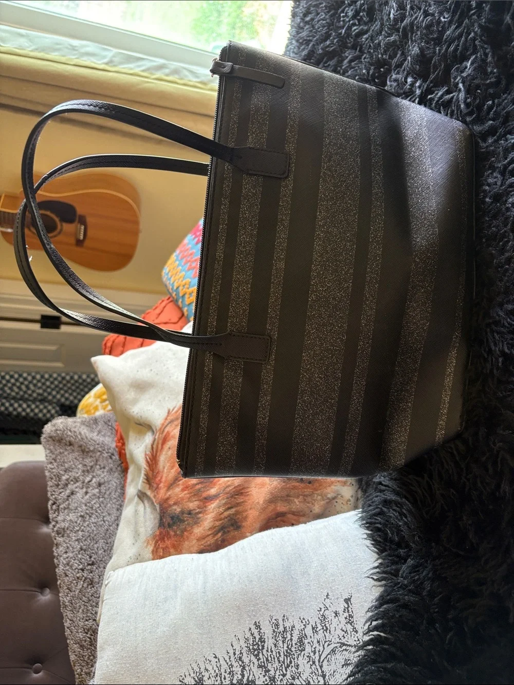 kate spade Black Glitter Stripe Tote Bag